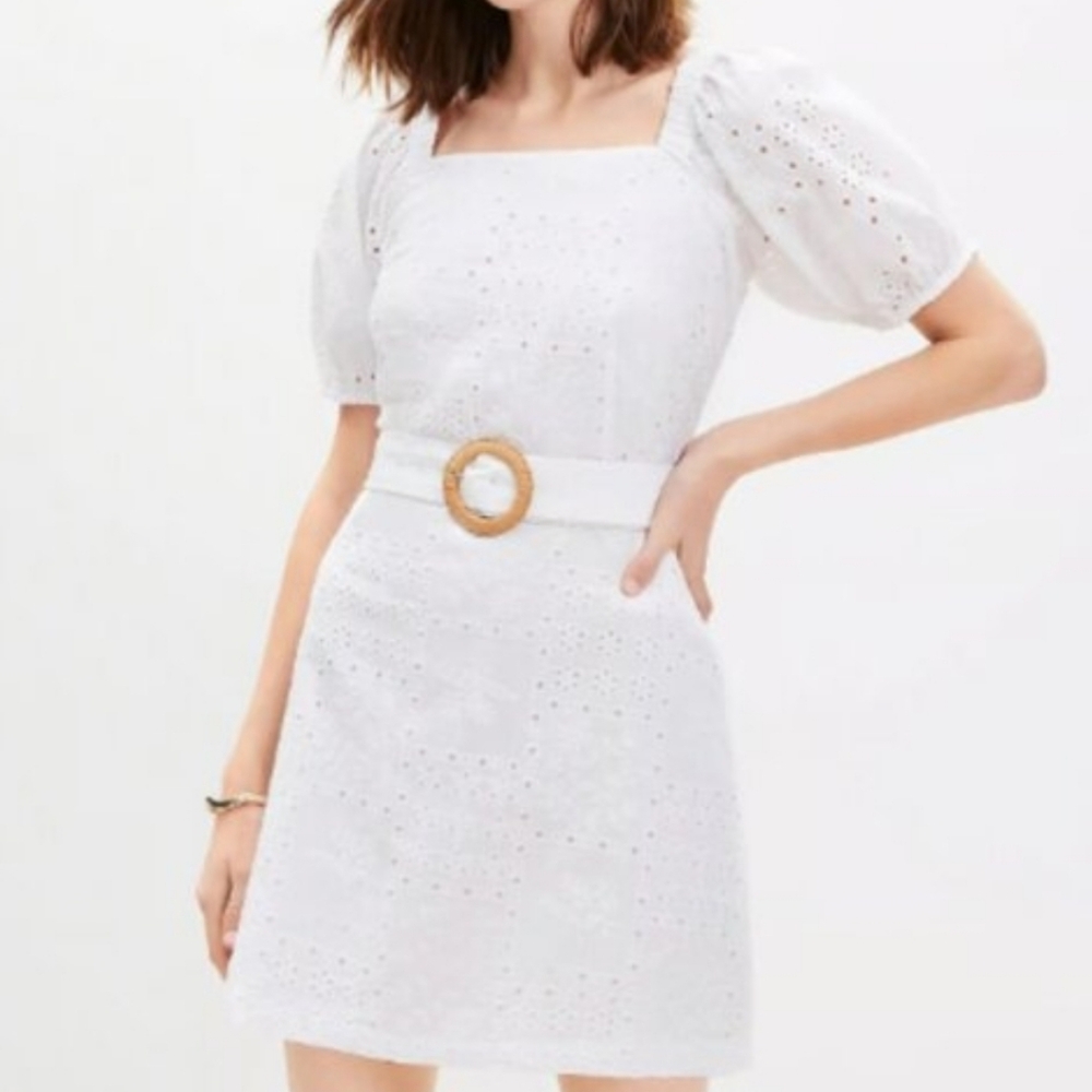 Loft White Eyelet Puff Sleeve Belted Mini Dress
